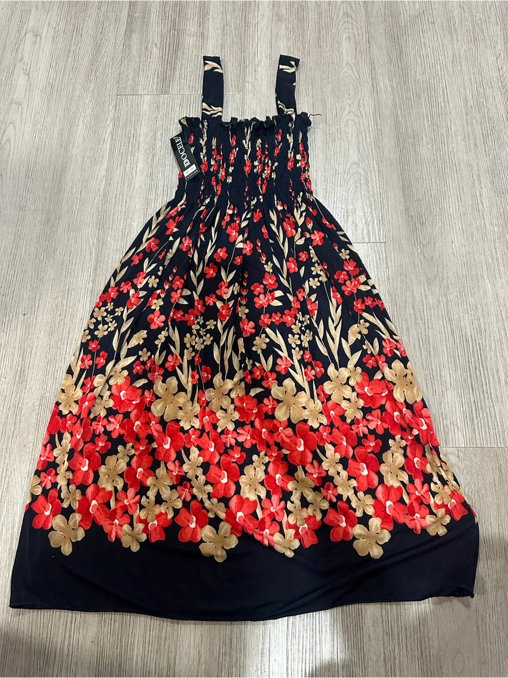 Girls Black Floral Smocked Maxi Dress with Red & Gold Flowers